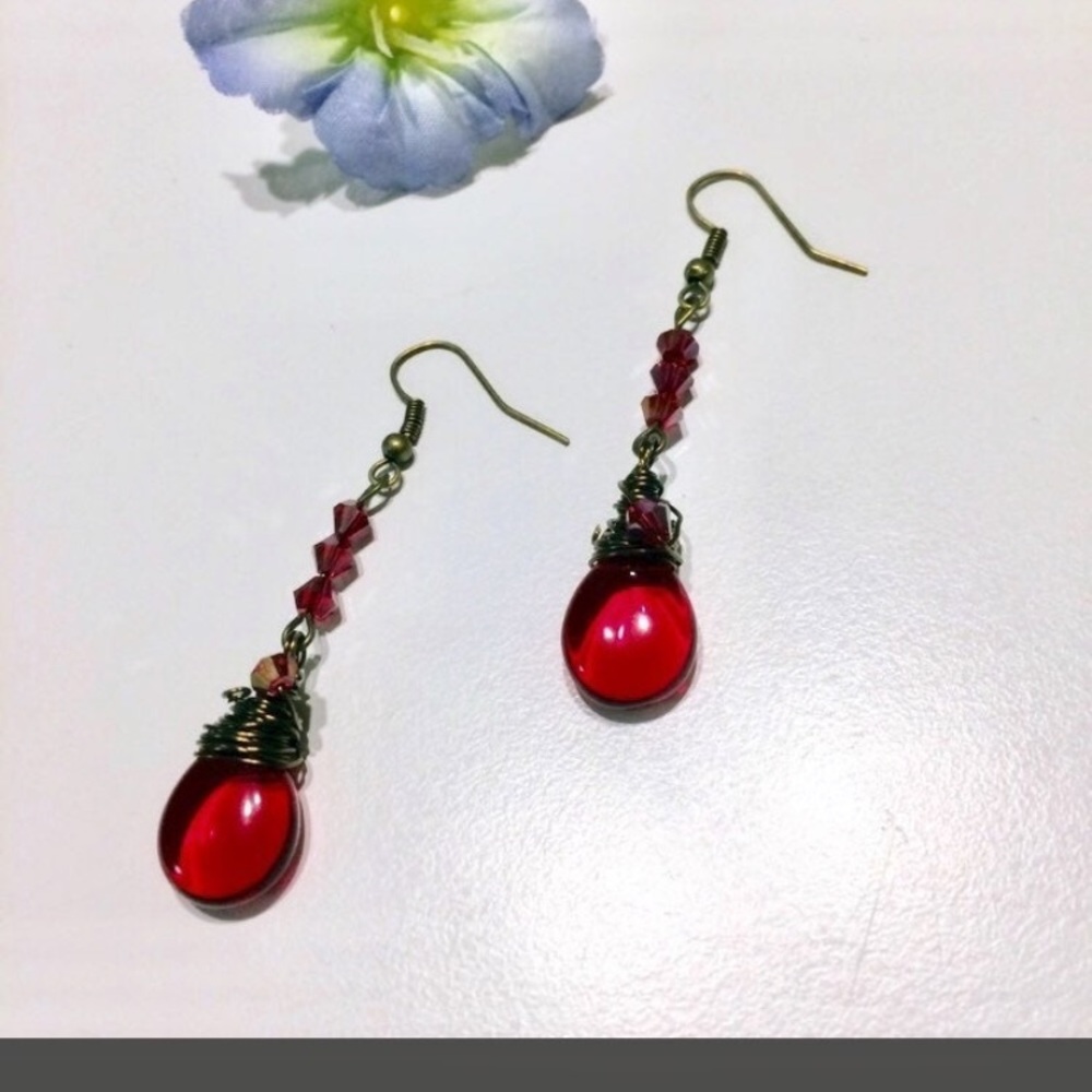 Red czech glass teardrop wirewrapped bronze earrings